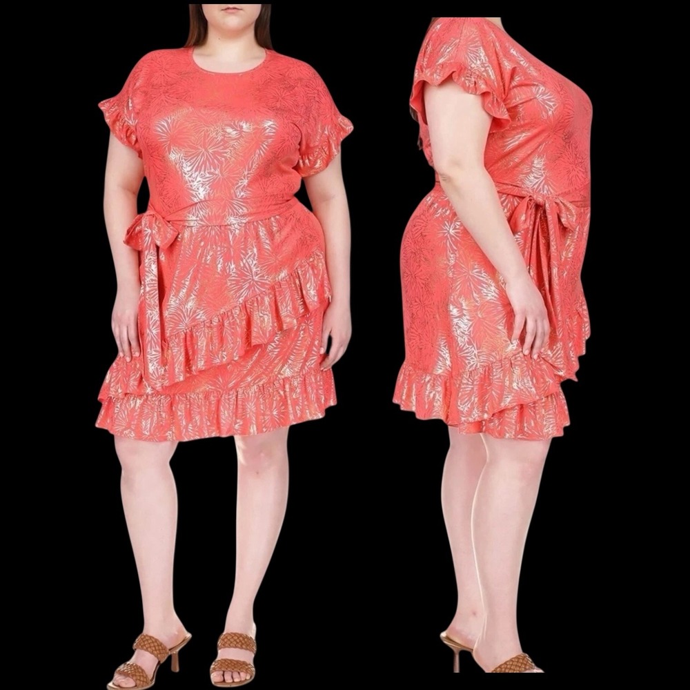 Michael Kors Sangria Gold Foil Print Ruffle Tiered Floral Dress‎ Plus Sz 1X #282
